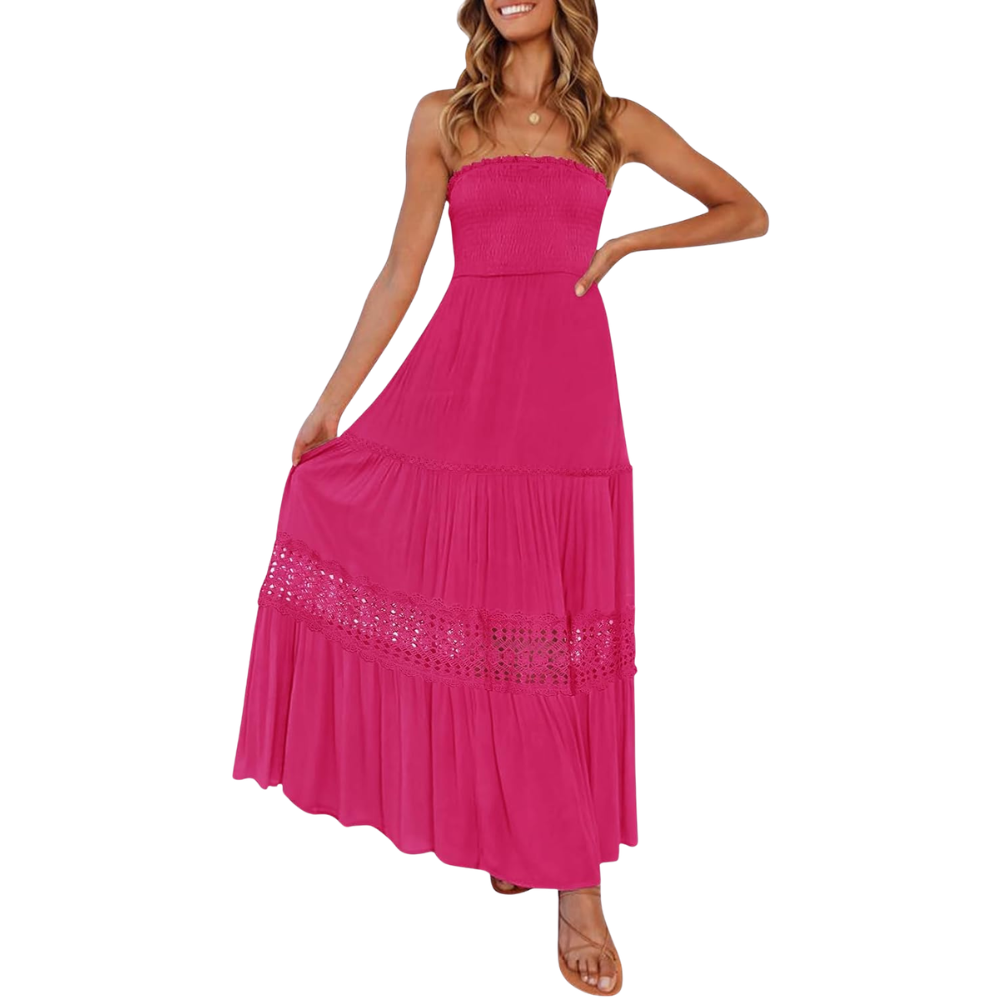 Summer Boho Off Strapless Flowy Lace Line Maxi Dresses For Women