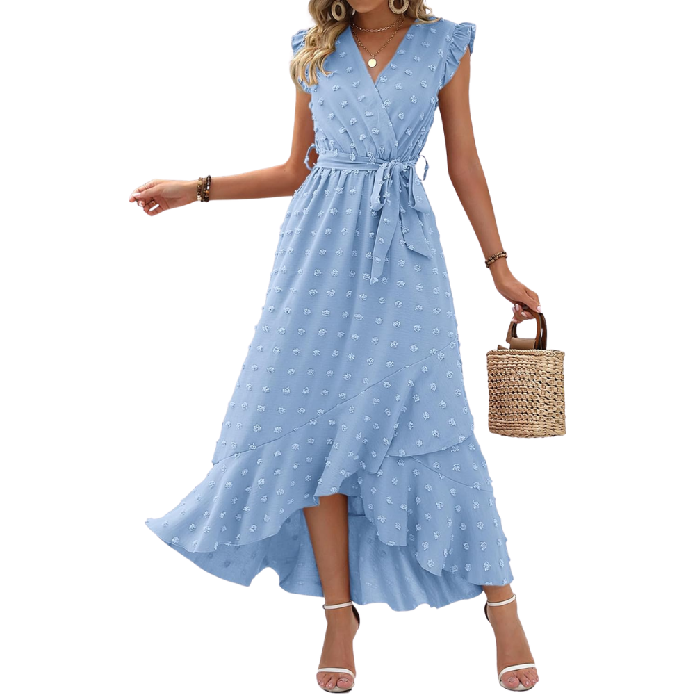 Summer Cap Sleeve Swiss Dot Flowy Ruffle Cocktail Maxi Dress For Women