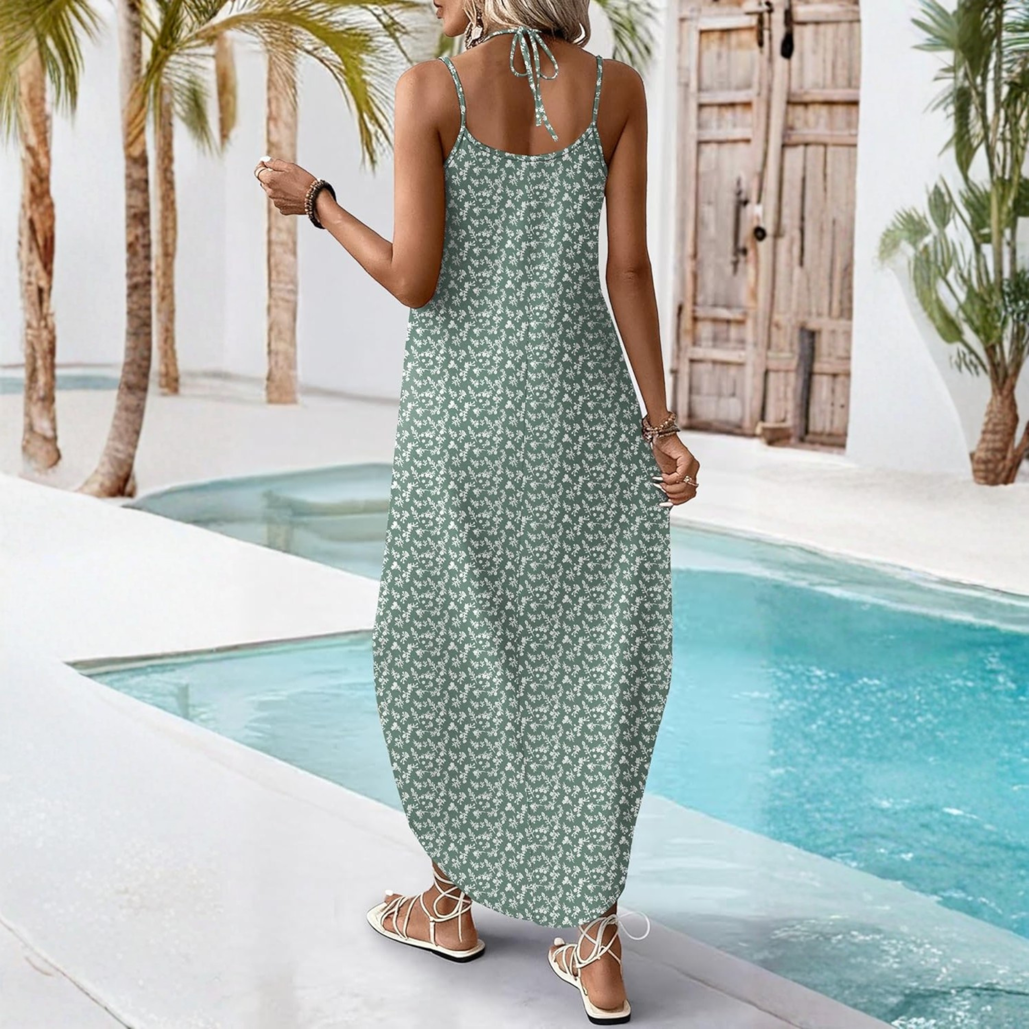 Boho Halter Maxi Sundress for Beach Vacation Travel