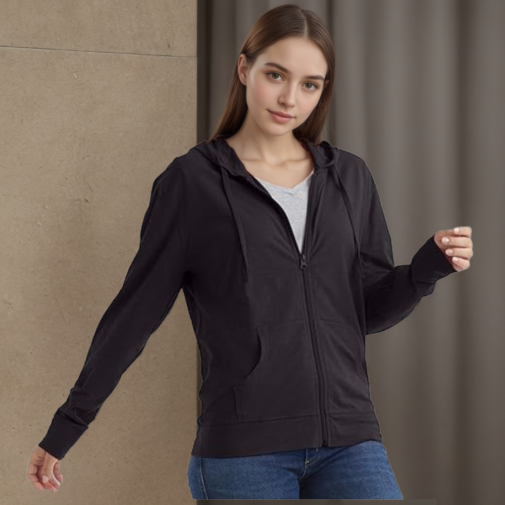 Women Slub Hoodie Textured Cotton Zip Up T-Shirt