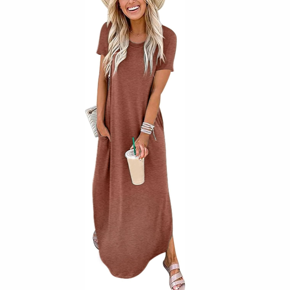 Casual Maxi Sundress With Short Sleeves And Split Hem For Women