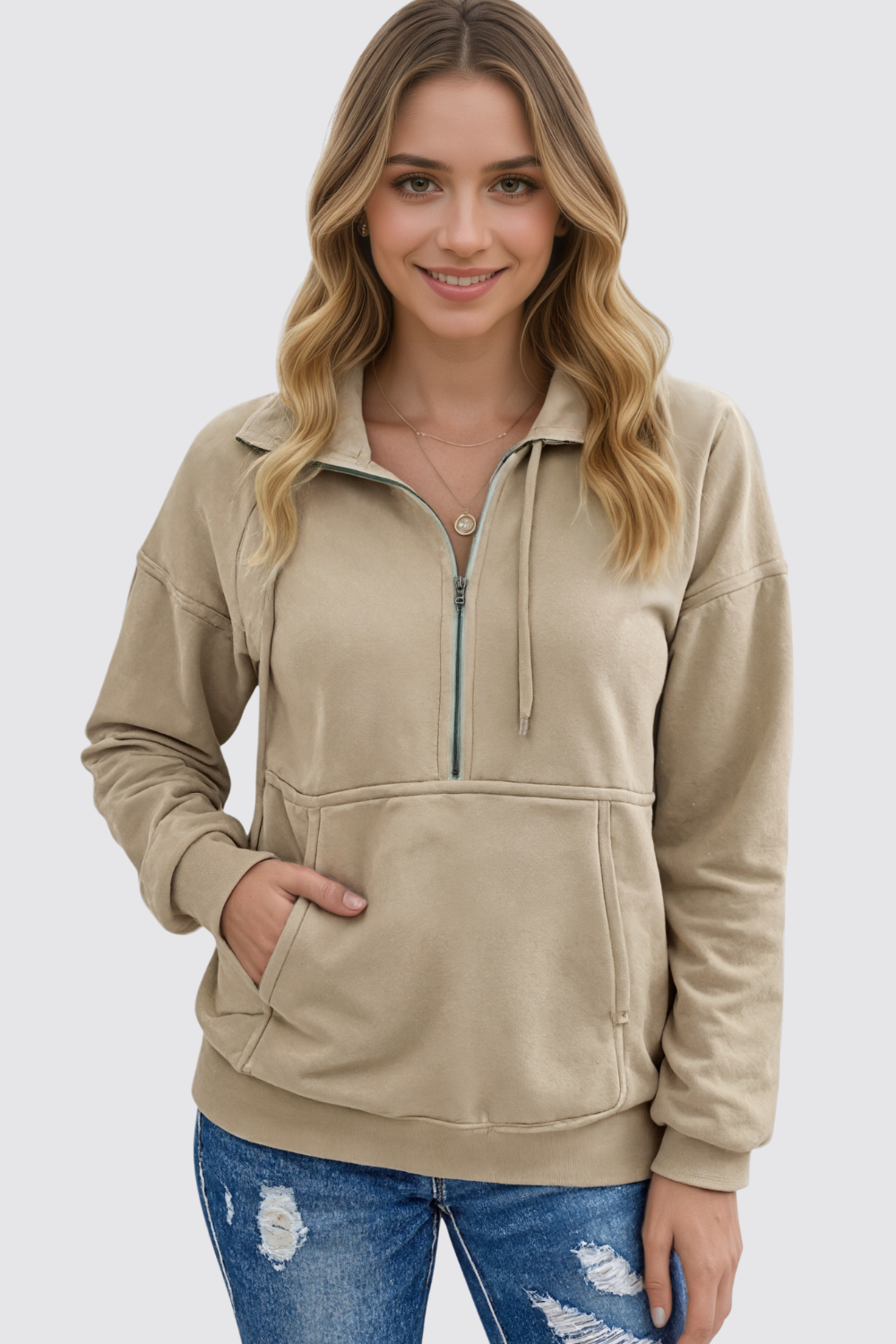 Casual Long Sleeve Lapel Zipper Drawstring Loose Pullover Sweatshirt