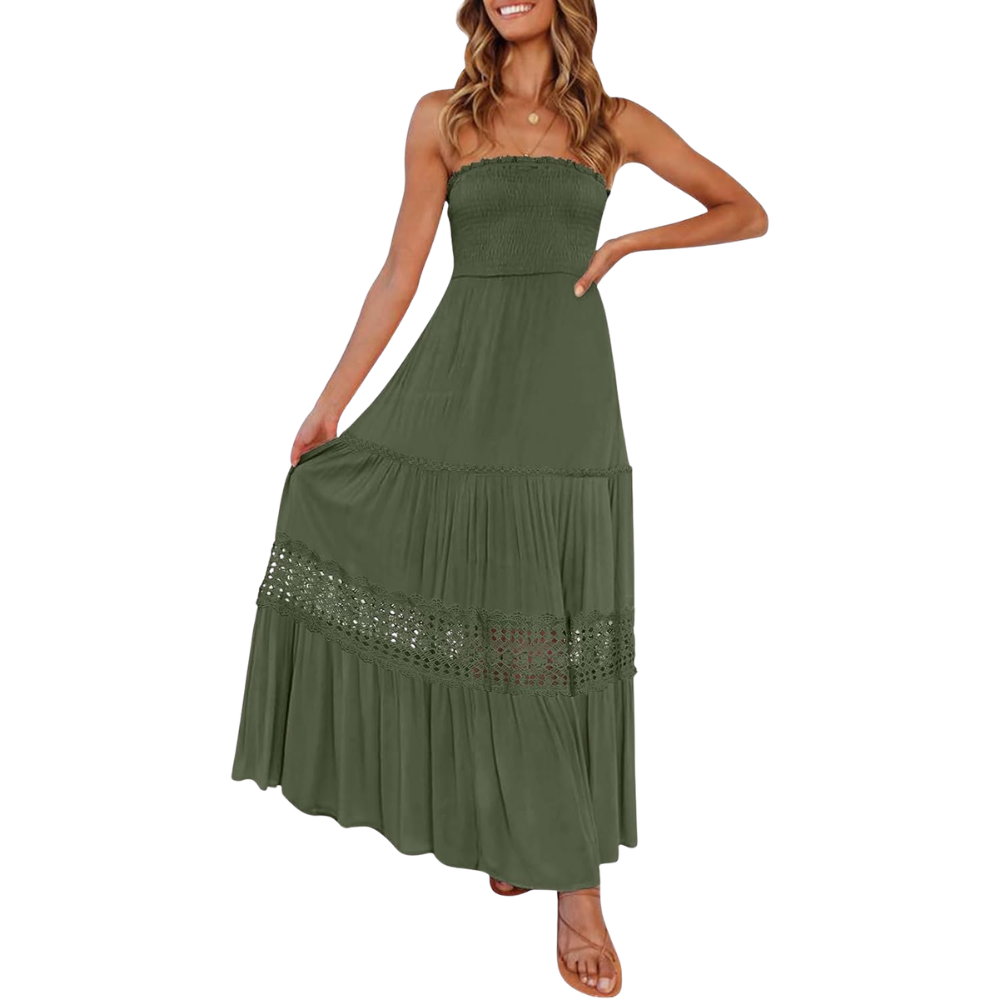 Summer Boho Off Strapless Flowy Lace Line Maxi Dresses For Women