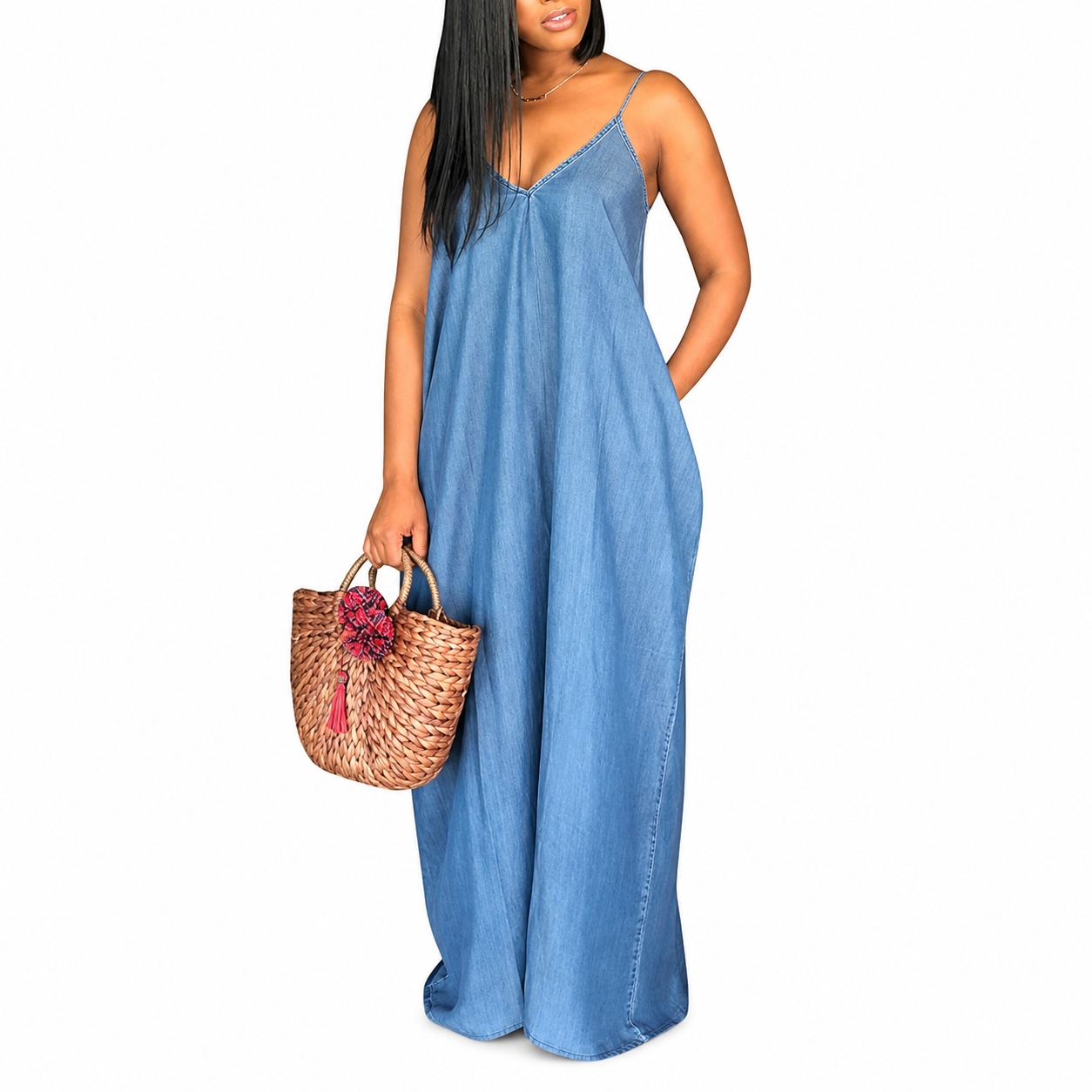 Summer Casual Loose Spaghetti Strap V Maxi Dress For Women