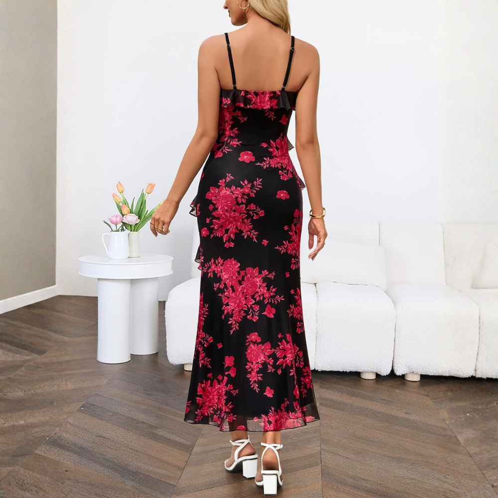 Floral Ruffle Spaghetti Strap Bodycon Maxi Dress Women