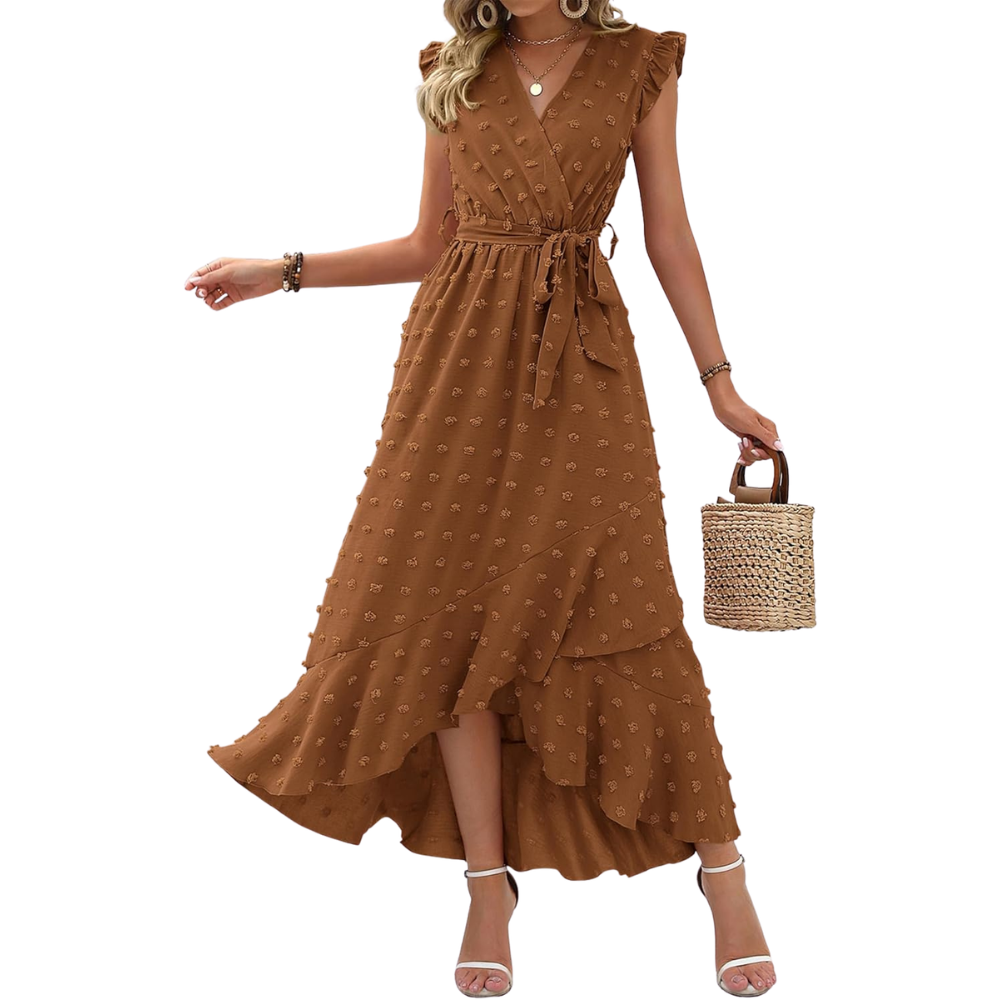  Summer Cap Sleeve Swiss Dot Flowy Ruffle Cocktail Maxi Dress For Women