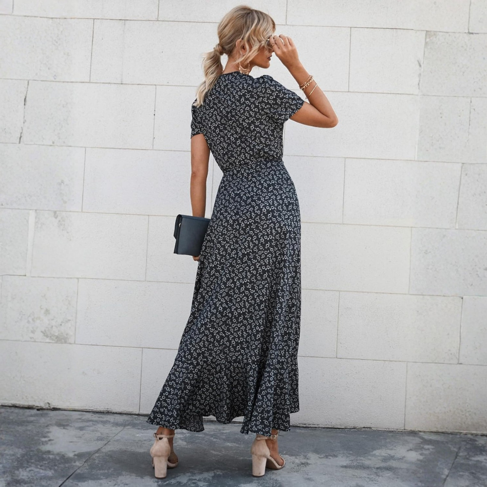 Boho Floral Wrap V Neck Maxi Dress for Women