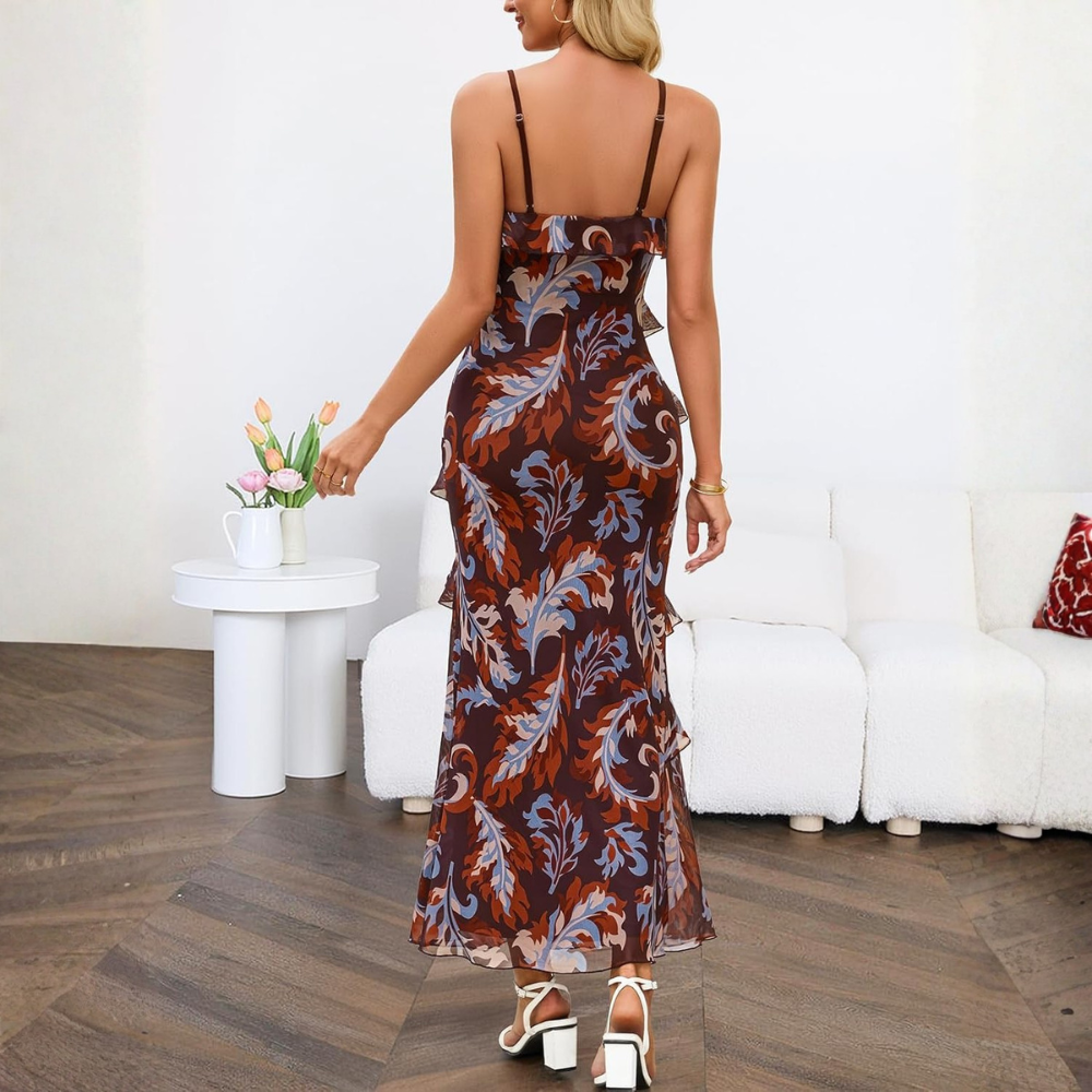 Floral Ruffle Spaghetti Strap Bodycon Maxi Dress Women