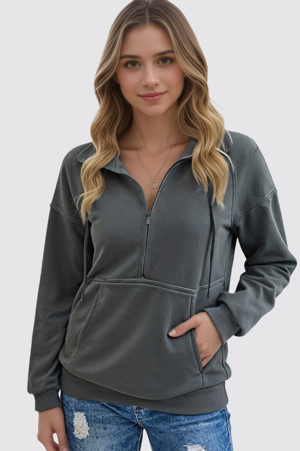 Casual Long Sleeve Lapel Zipper Drawstring Loose Pullover Sweatshirt