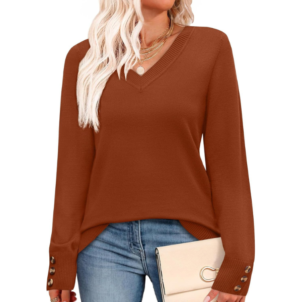 ightweight Sweaters for Women Long Sleeve V Neck Knit Outfits with Decorative Buttons 