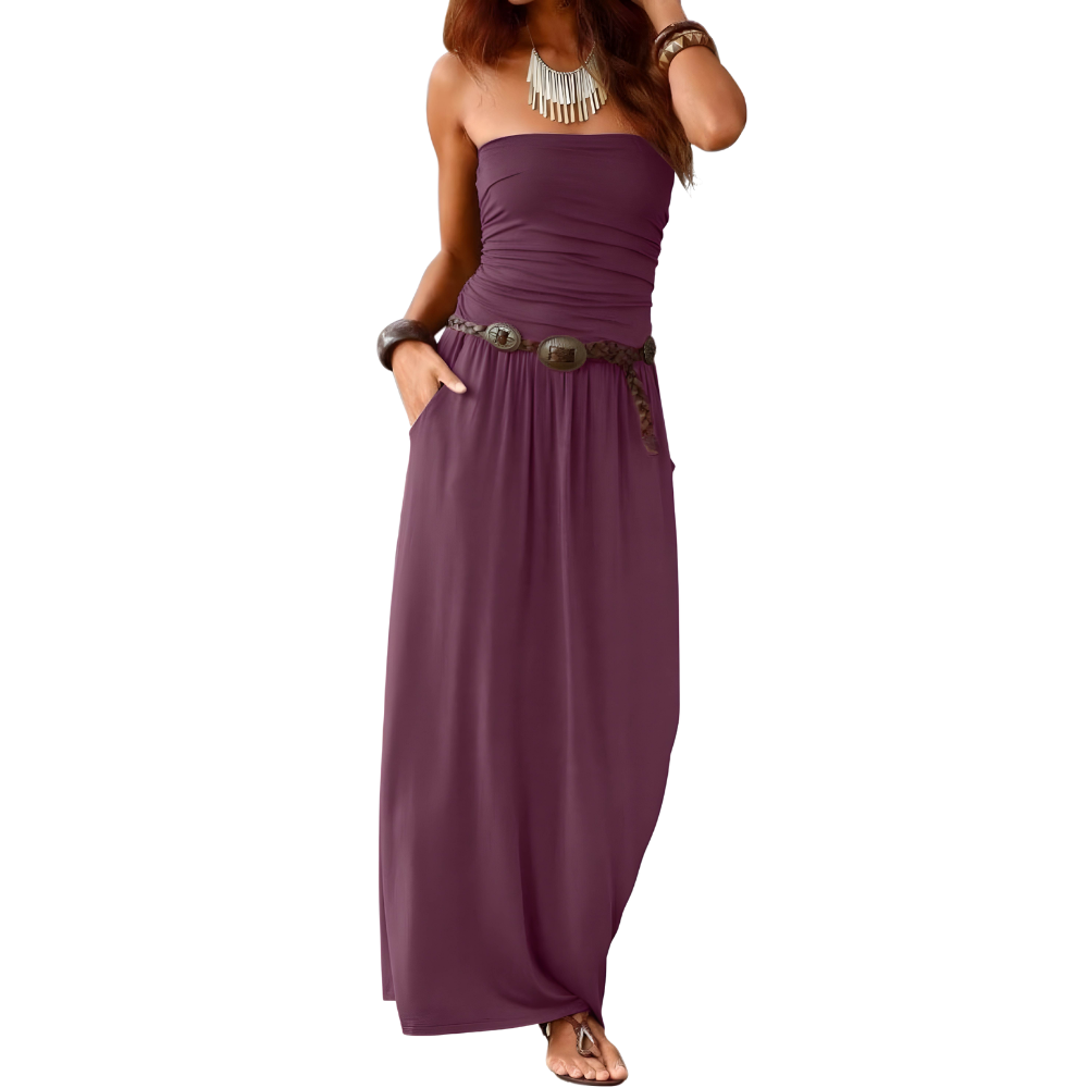 Summer Off Strapless Floral Maxi Dress With Pockets For Women