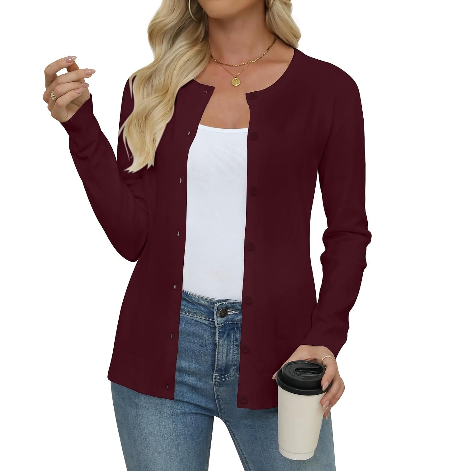 Casual Long Knit Crew Sleeve Front Cardigan With Button For Women