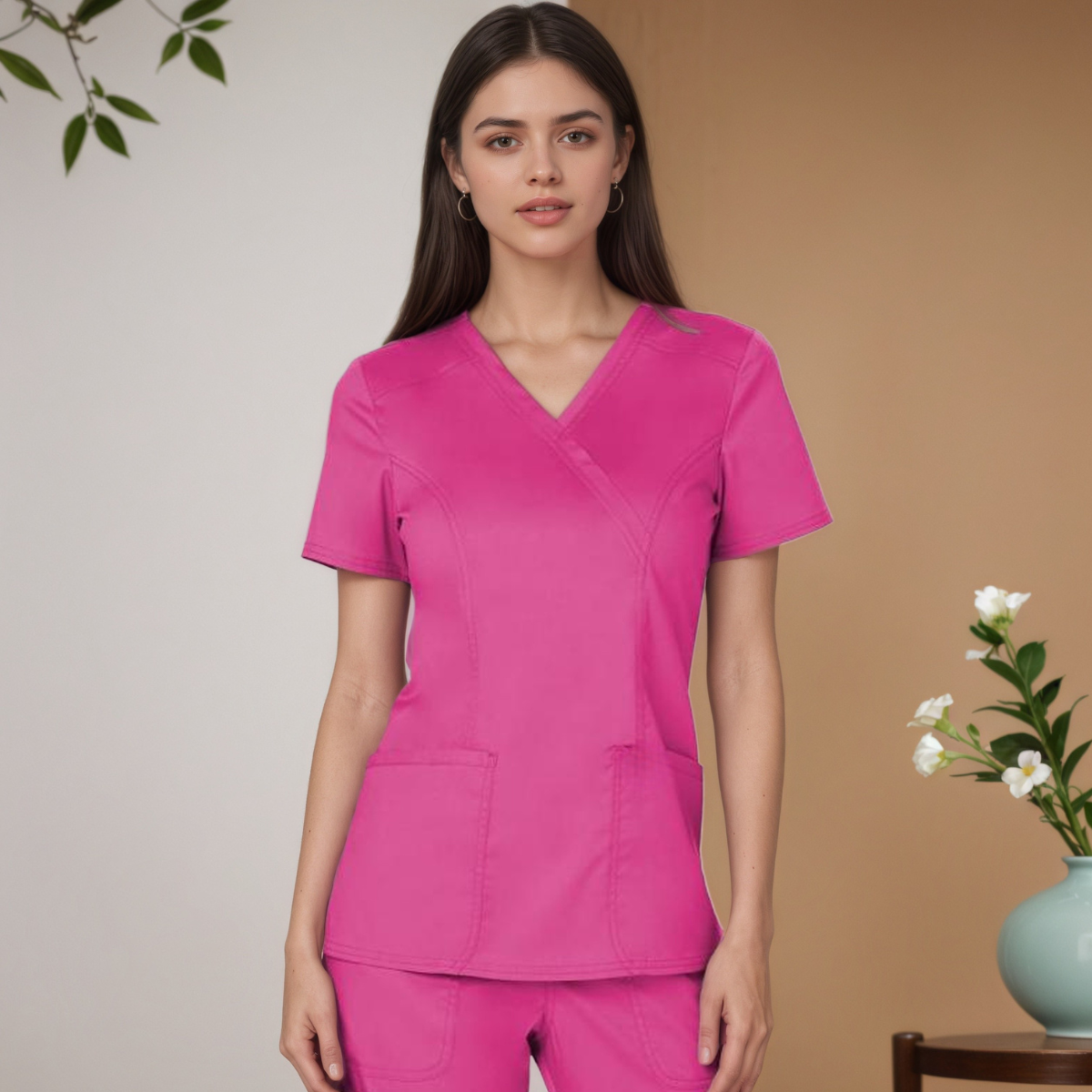 Women Scrubs Mock Wrap Top With 3 Pockets