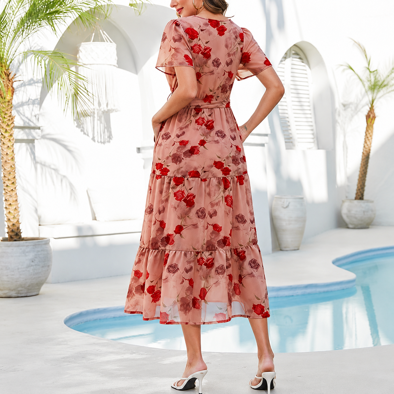 Spring Summer Chiffon Button Front Maxi Dress Pockets For Women