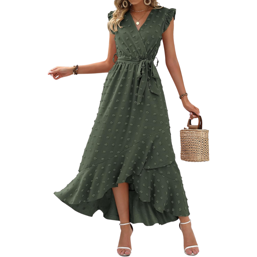  Summer Cap Sleeve Swiss Dot Flowy Ruffle Cocktail Maxi Dress For Women