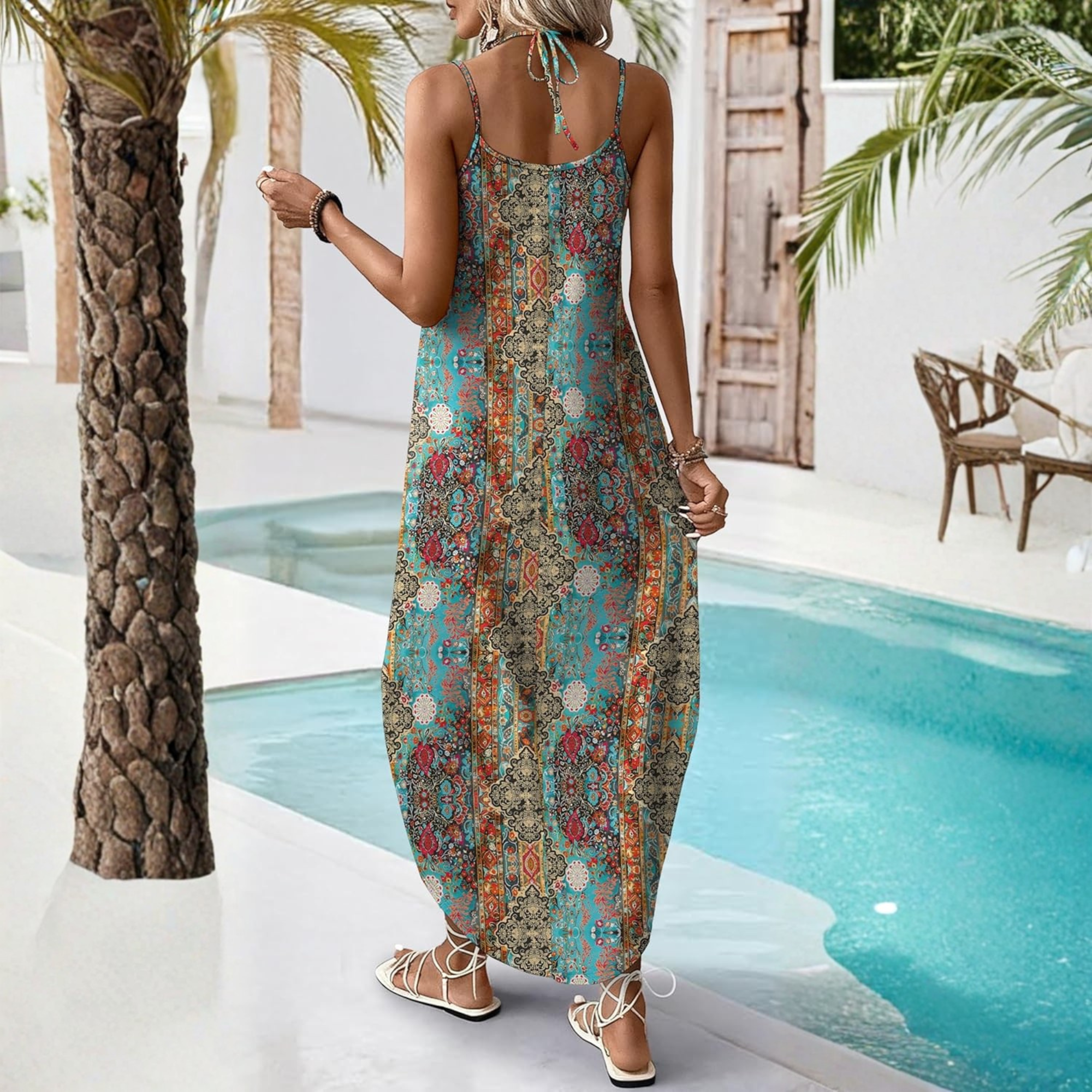 Boho Halter Maxi Sundress for Beach Vacation Travel
