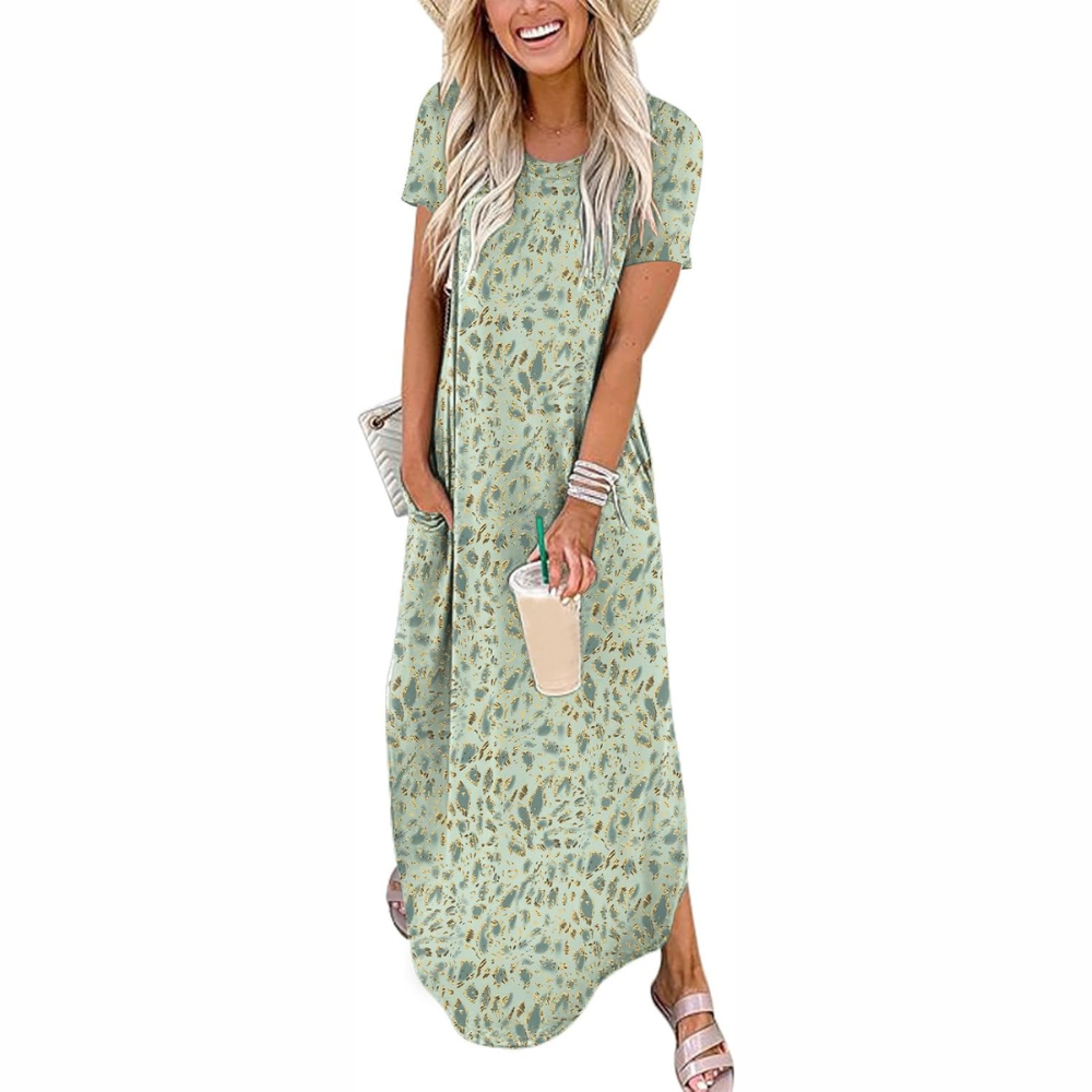 Casual Maxi Sundress With Short Sleeves And Split Hem For Women