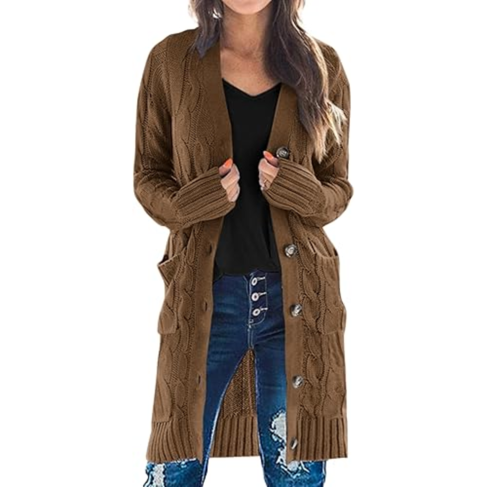 Long Sleeve Cable Knit Long Cardigan for Women