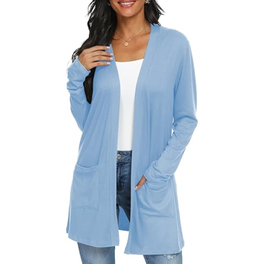 Womens Casual Lightweight with Pocketes Long Sleeve Open Front Cardigan