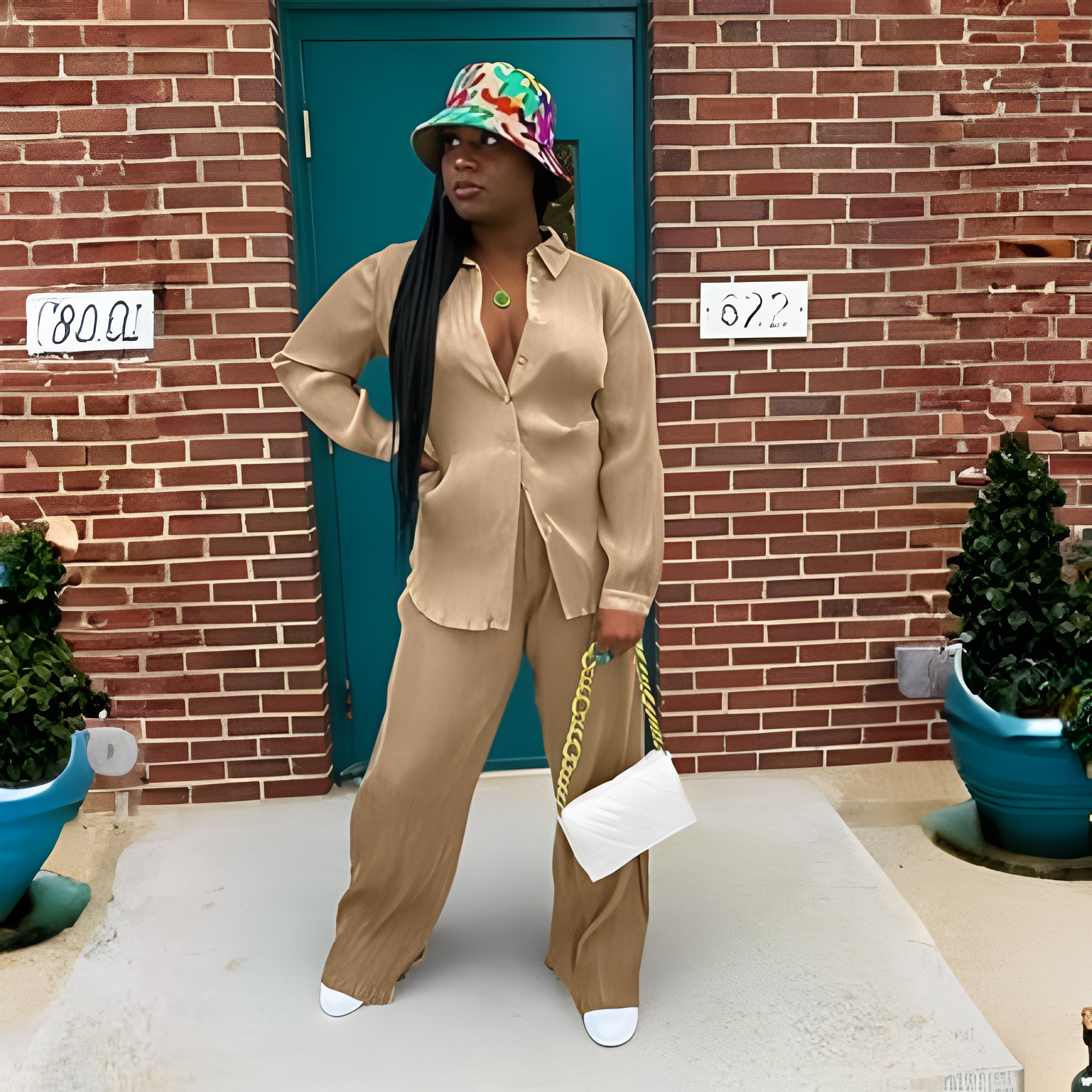 2 Piece Button Down Shirt And Pleated Pants Set For Women