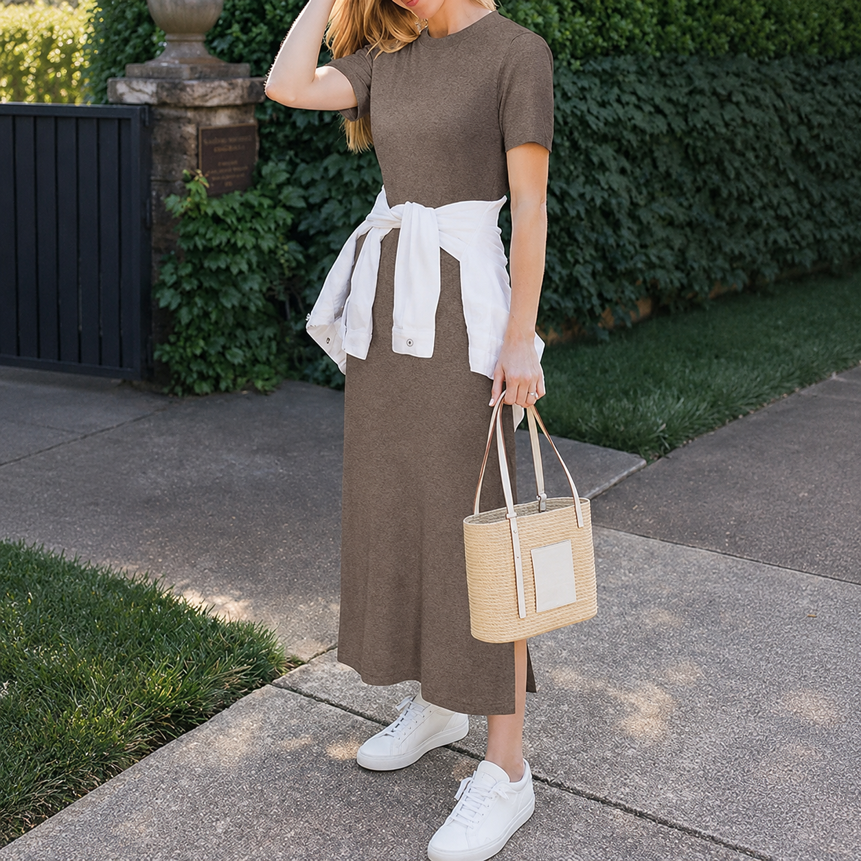 Soft Knit Lightweight Short Sleeve Casual Maxi Dress For Women 