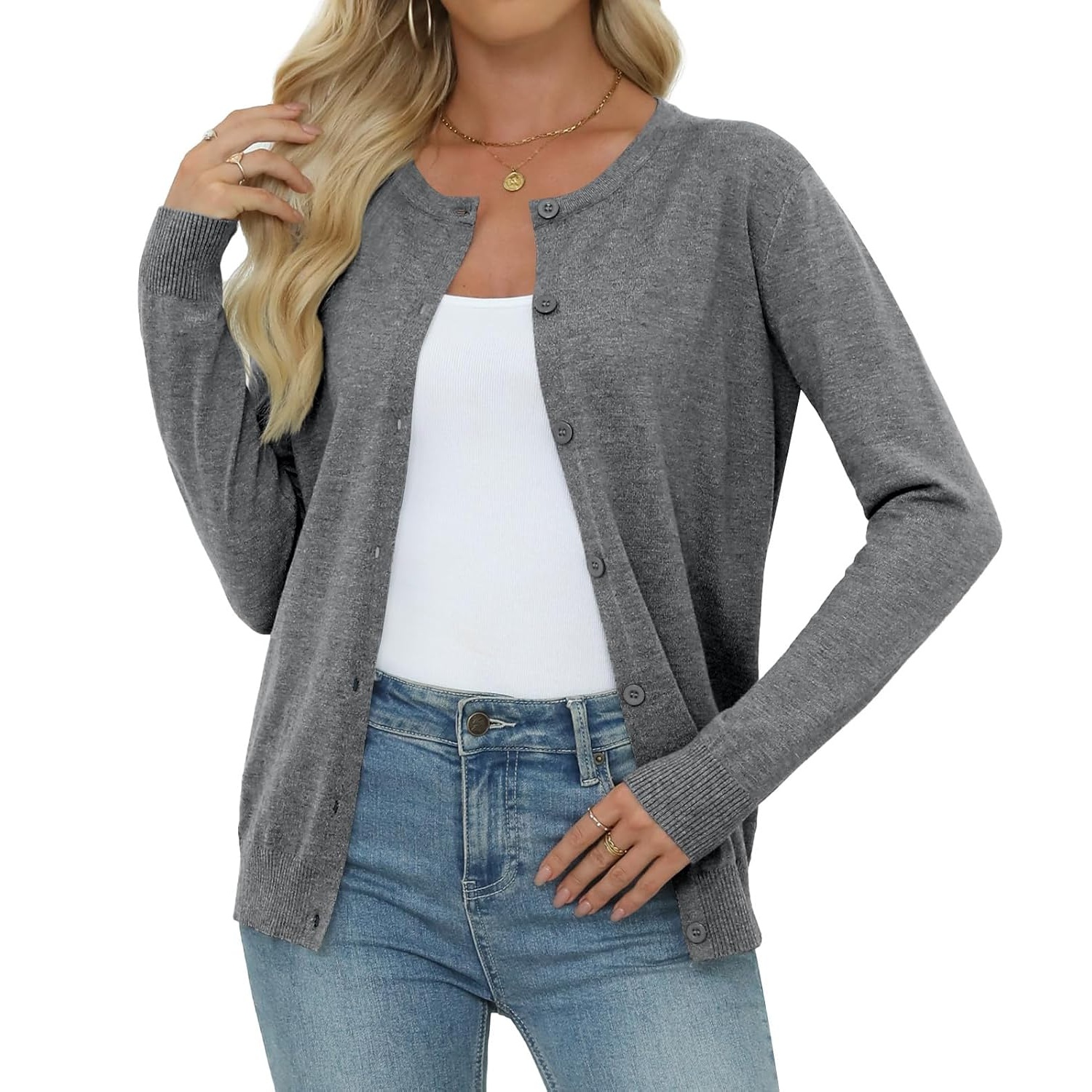Casual Long Knit Crew Sleeve Front Cardigan With Button For Women