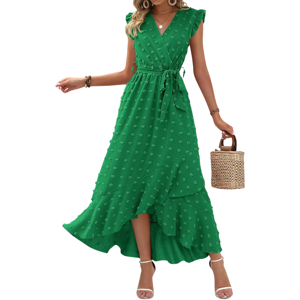 Summer Cap Sleeve Swiss Dot Flowy Ruffle Cocktail Maxi Dress For Women