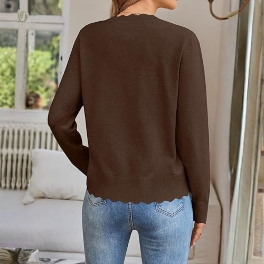 Lightweight Button Down Knit Cardigan With Scallop Trim