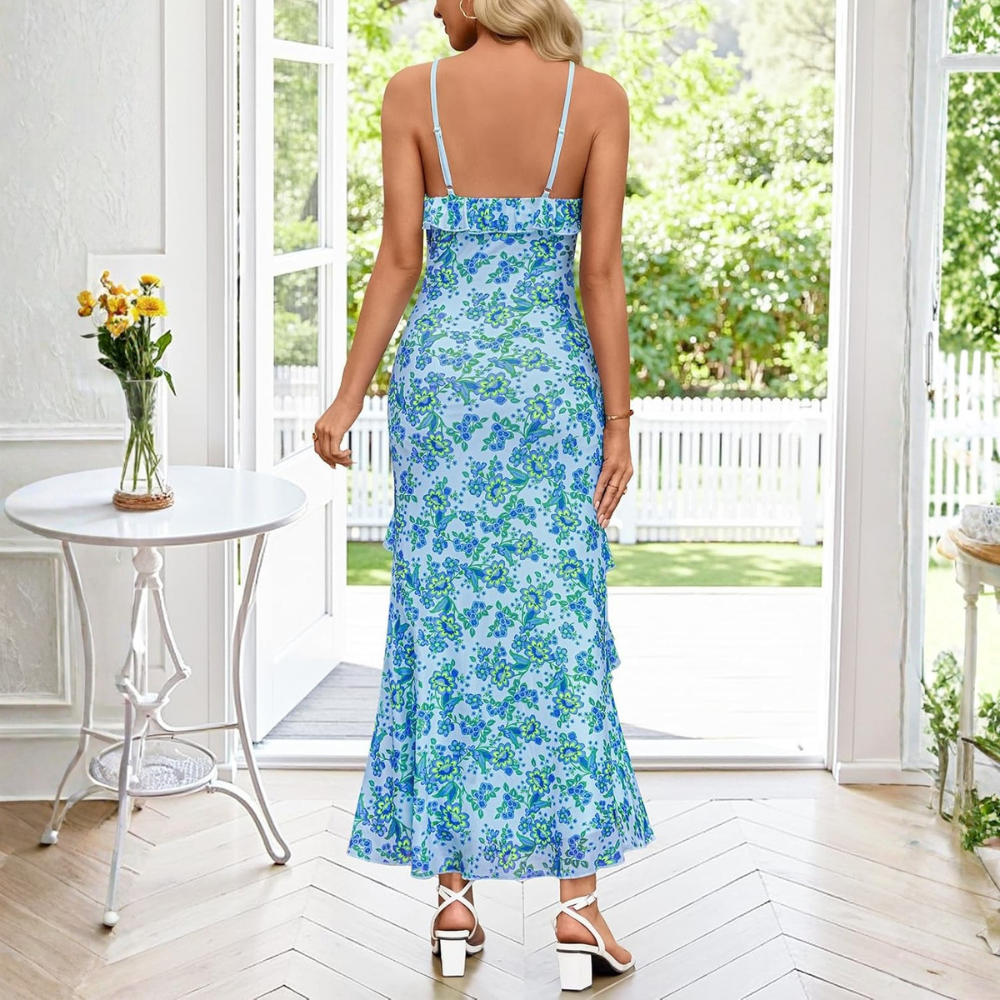 Floral Ruffle Spaghetti Strap Bodycon Maxi Dress Women