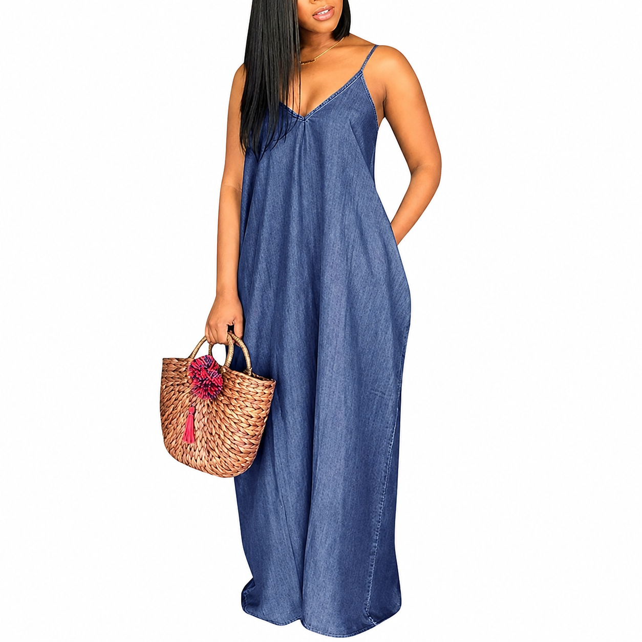Summer Casual Loose Spaghetti Strap V Maxi Dress For Women