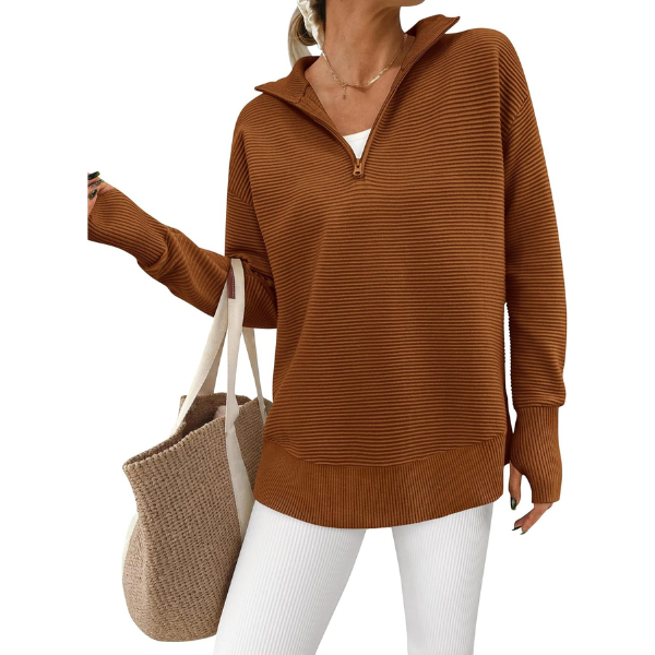Womens Long Sleeve Quarter Zip Pullover Sweater Casual Loose V Neck Collared Ribbed Knit Jumper Tops Thumb Hole
