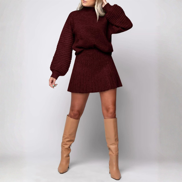 2 Piece Ribbed Knit Puff Sleeve Sweater Top And Mini Skirt Outfit Set