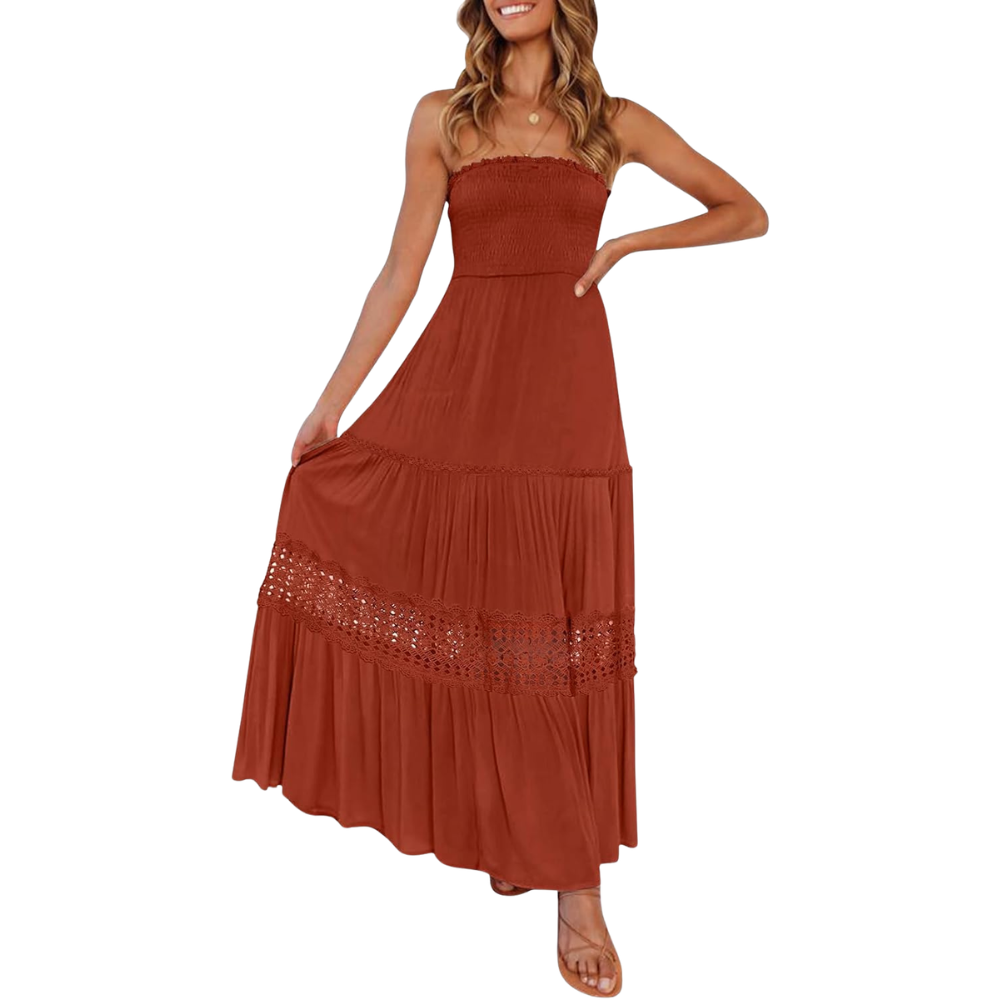 Summer Boho Off Strapless Flowy Lace Line Maxi Dresses For Women