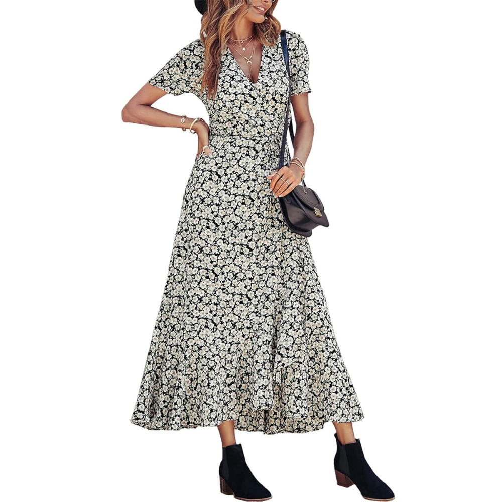 Boho Floral Wrap V Neck Maxi Dress for Women