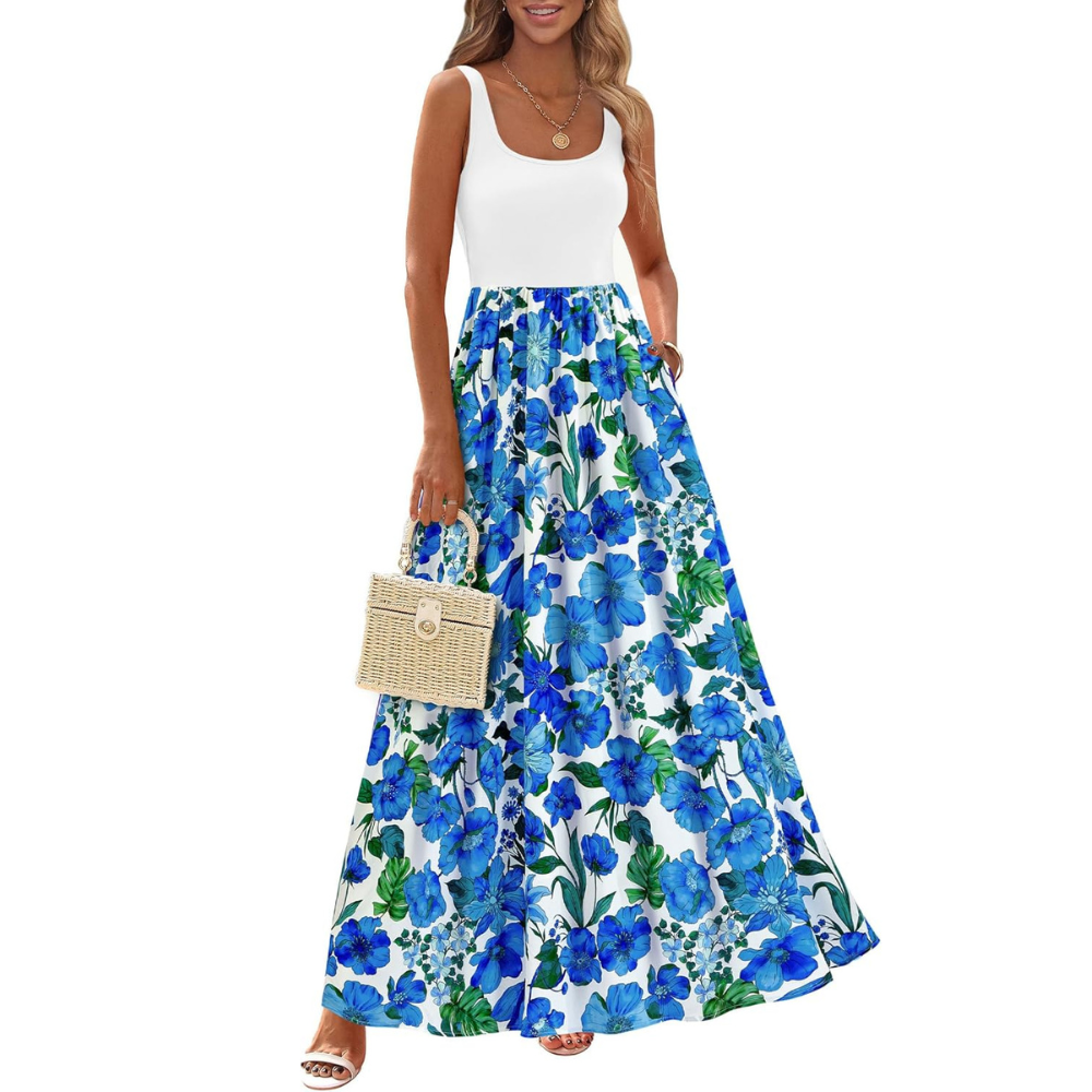 Sleeveless Boho Floral Maxi Sundress for Women Beachwear