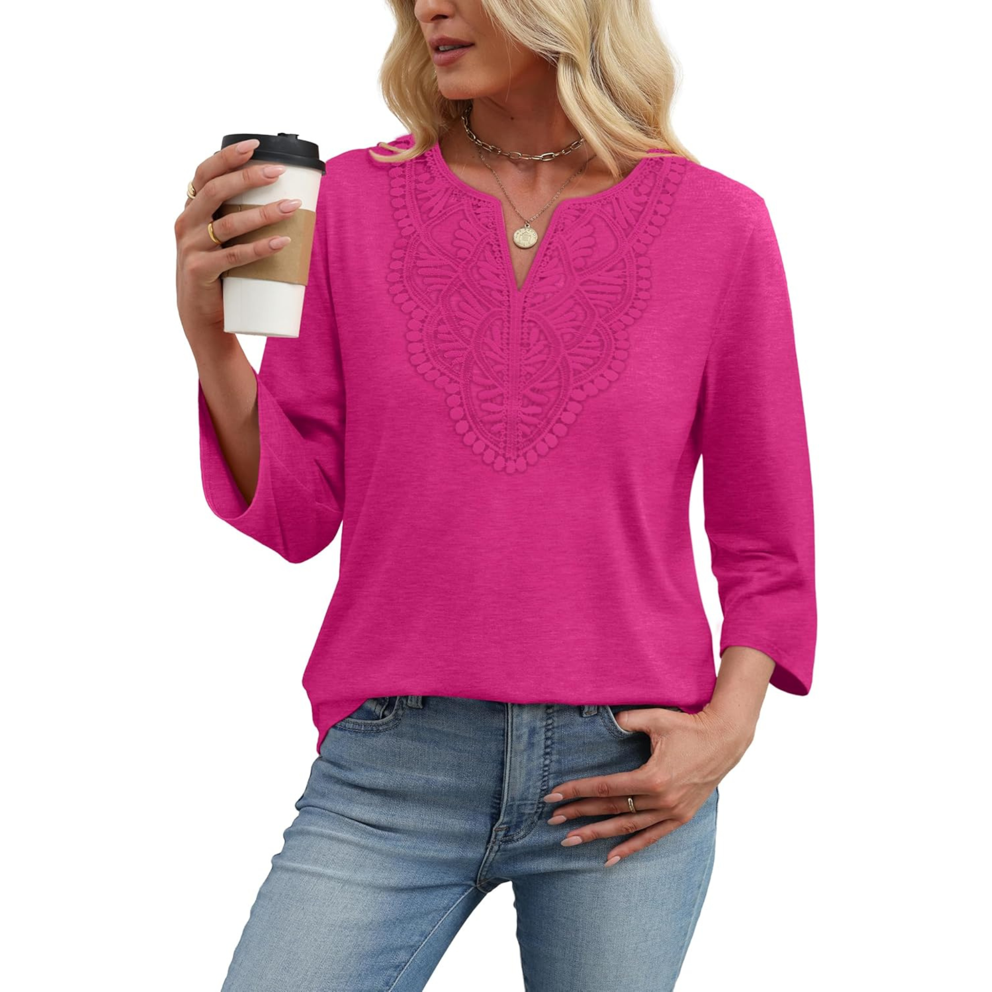  Length Sleeve Womens Tops Boho V Neck Lace Shirt Trendy Blouses Dressy Casual Vacation