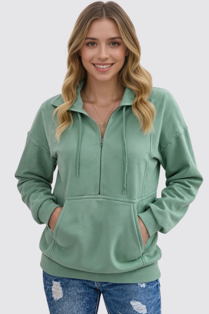 Casual Long Sleeve Lapel Zipper Drawstring Loose Pullover Sweatshirt