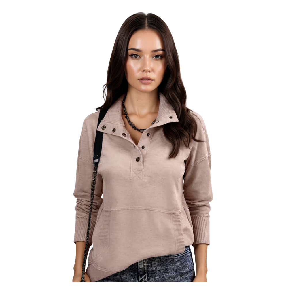 Women Lightweight Long Sleeve Button Loose Pullover Sweatshirt