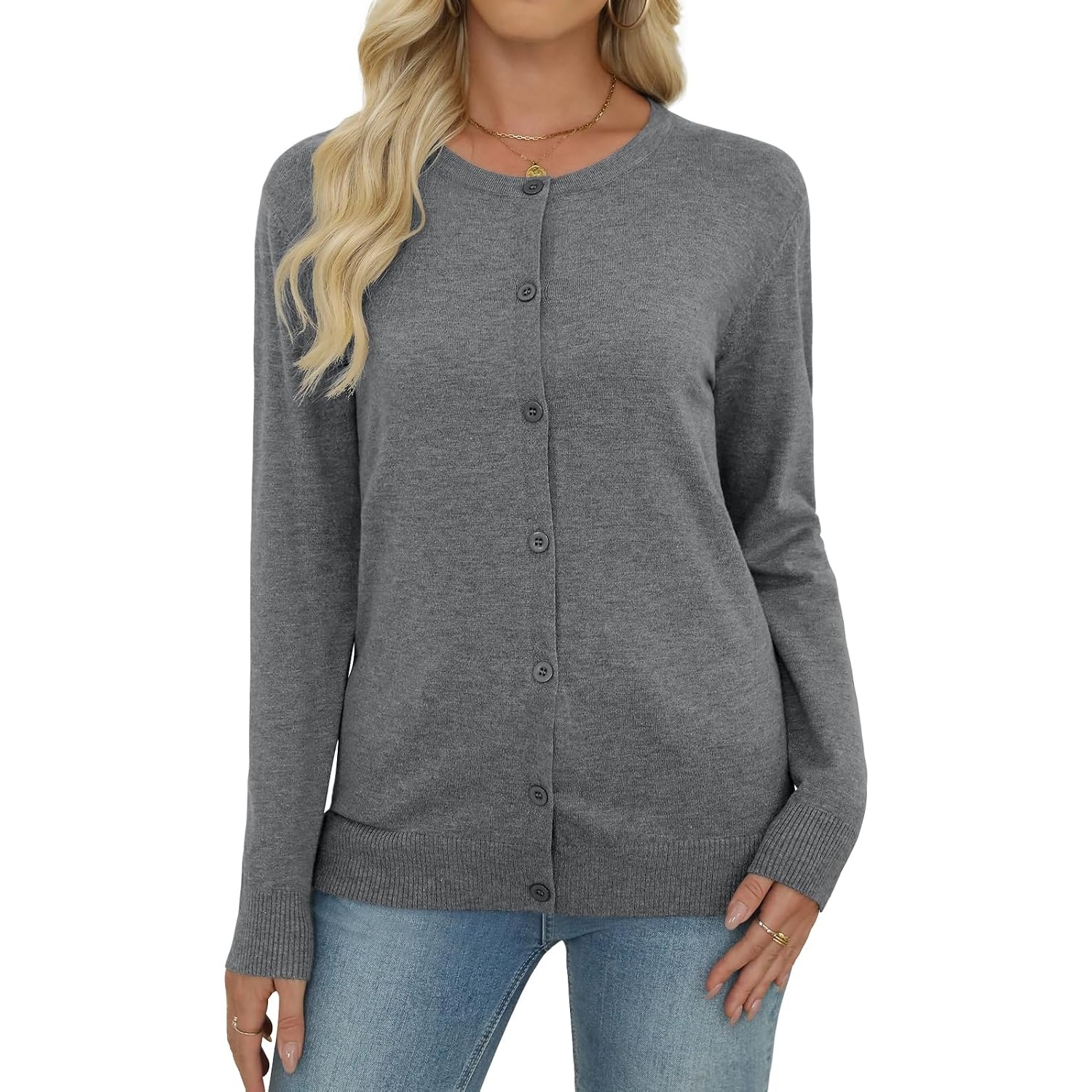 Casual Long Knit Crew Sleeve Front Cardigan With Button For Women
