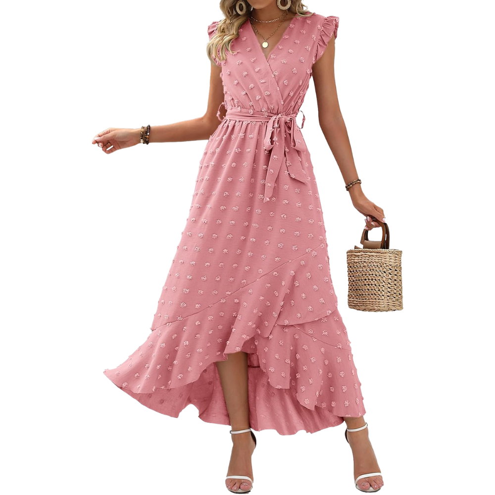  Summer Cap Sleeve Swiss Dot Flowy Ruffle Cocktail Maxi Dress For Women