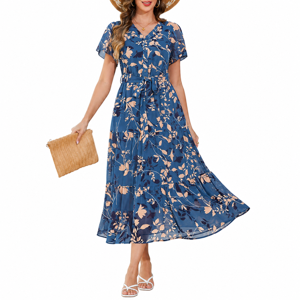Spring Summer Chiffon Button Front Maxi Dress Pockets For Women