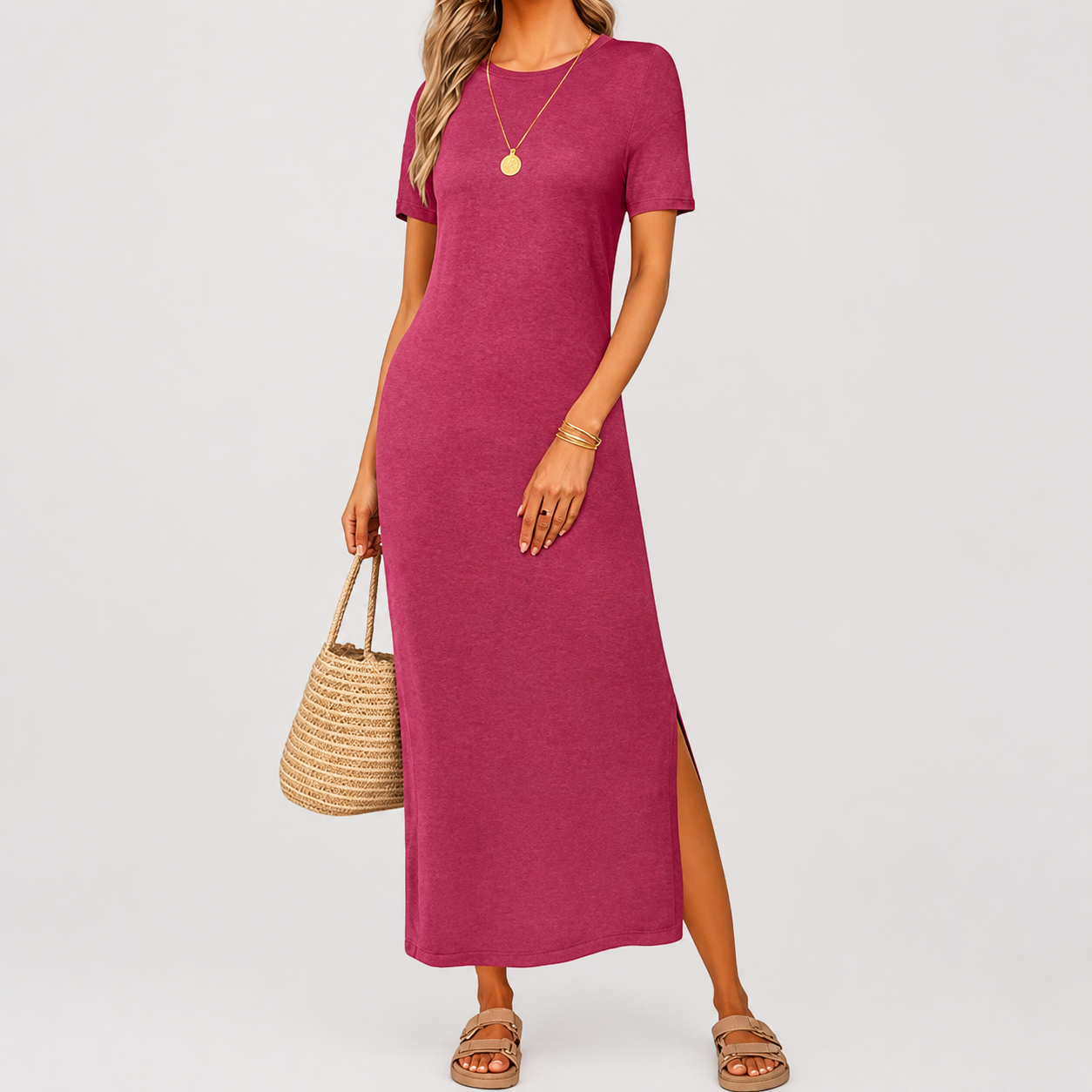 Soft Knit Lightweight Short Sleeve Casual Maxi Dress For Women 