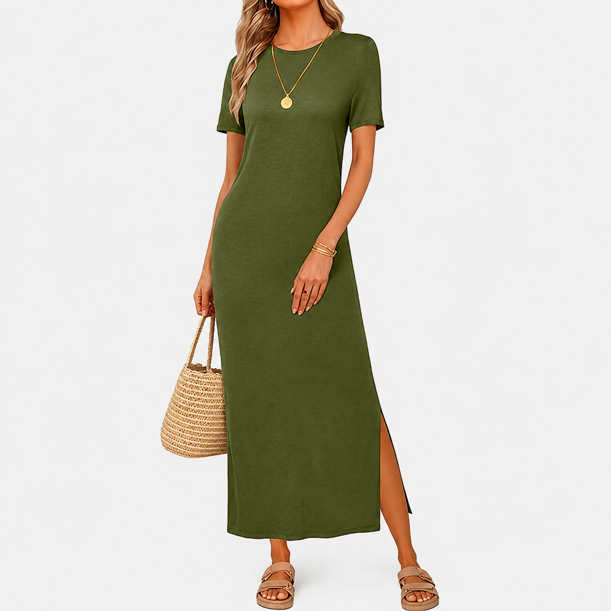 Soft Knit Lightweight Short Sleeve Casual Maxi Dress For Women 