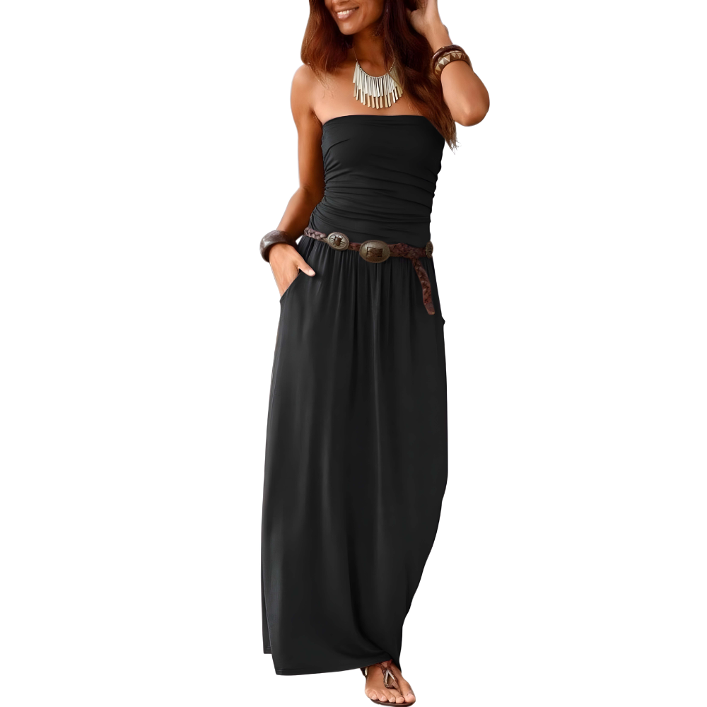 Summer Off Strapless Floral Maxi Dress With Pockets For Women