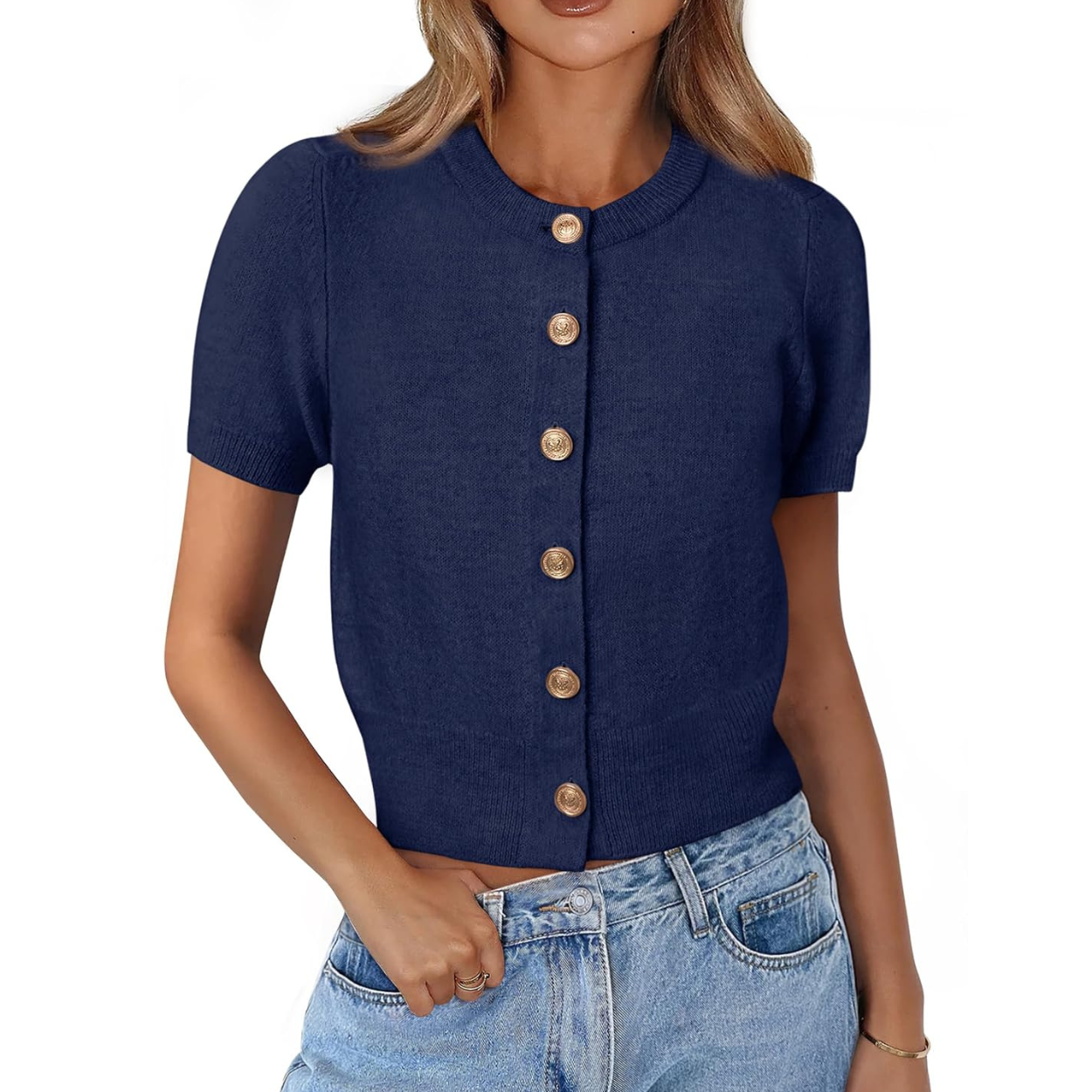 Casual Stretchy Short Sleeve Knit Crop Cardigan For Women
