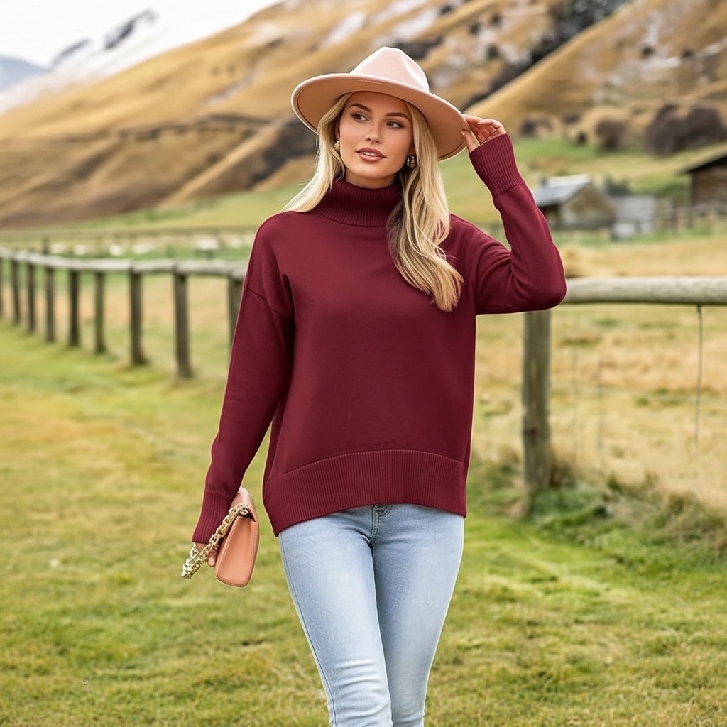 Oversized Chunky Knitted Sweater For Women With High Hem