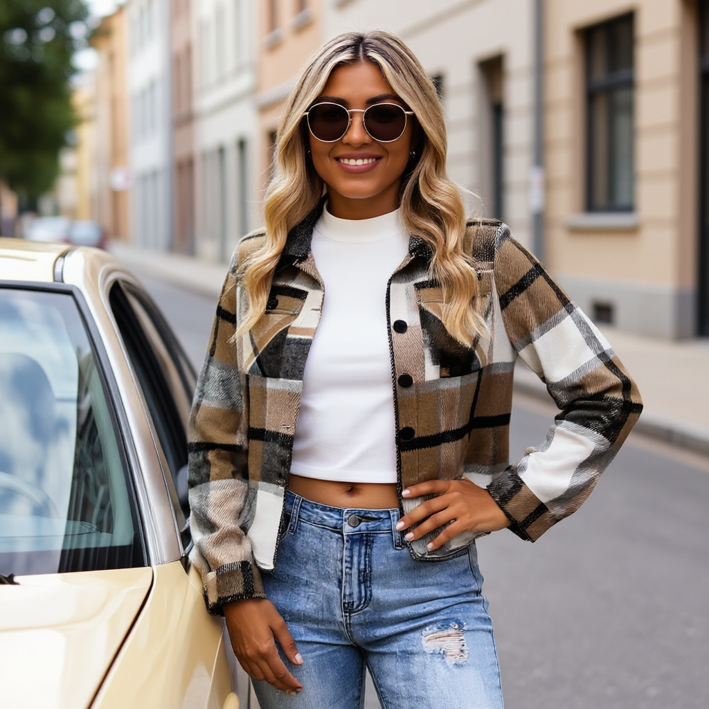 Cropped Plaid Flannel Shacket Button Down Fall Jacket for Women