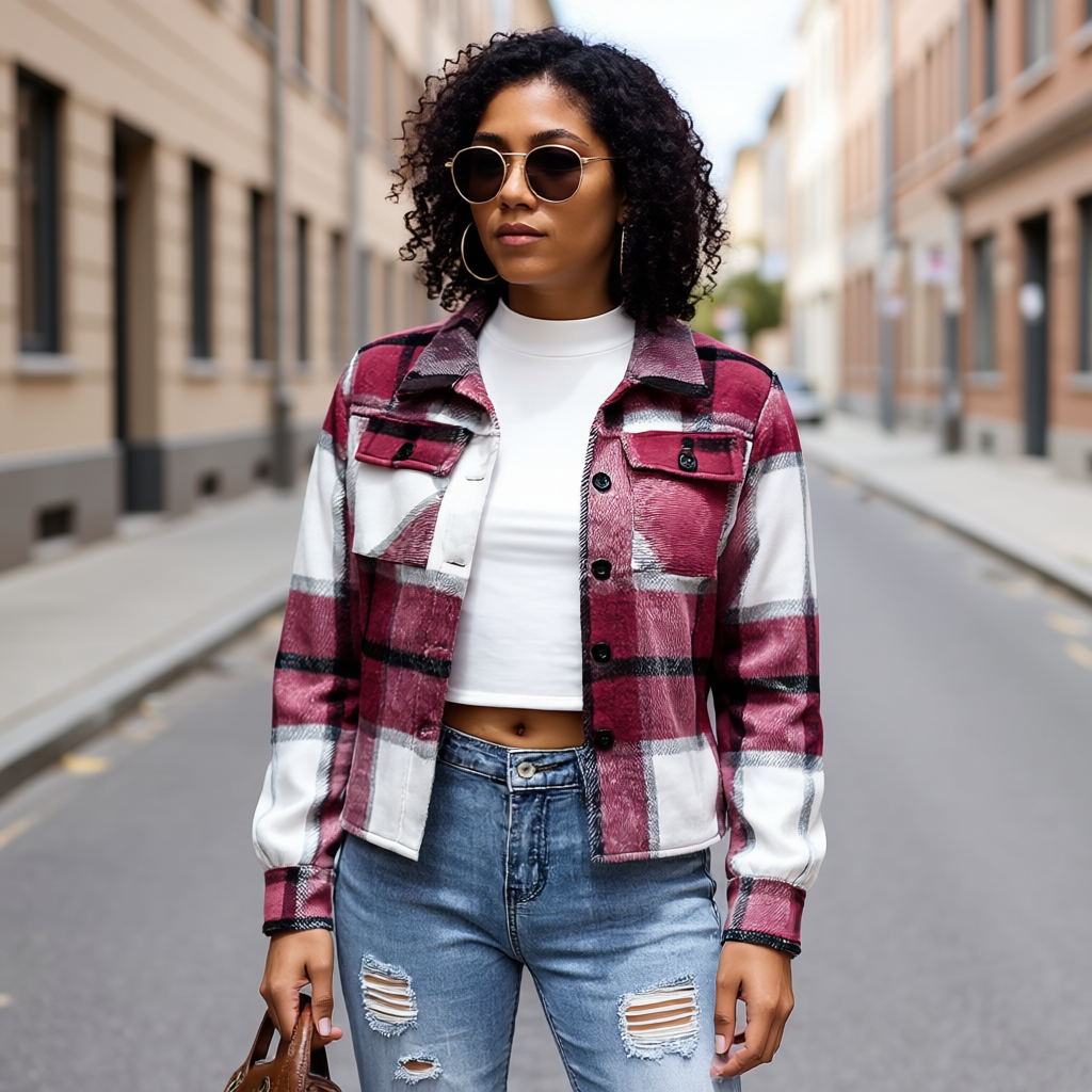 Plaid Button Down Cropped Jacket
