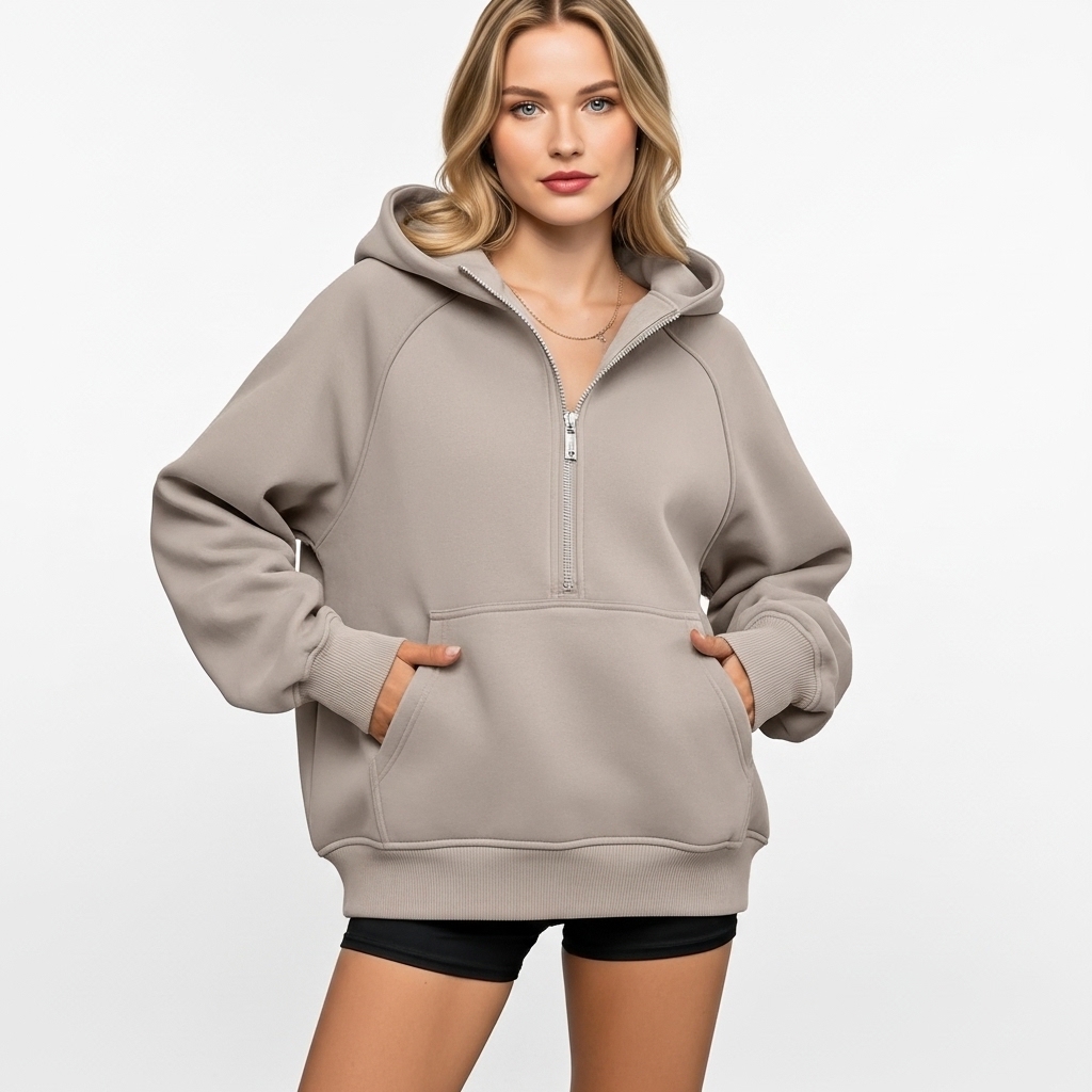 Half Zip Fleece Hoodie Sweatshirt With Oversized Fit Style For Women