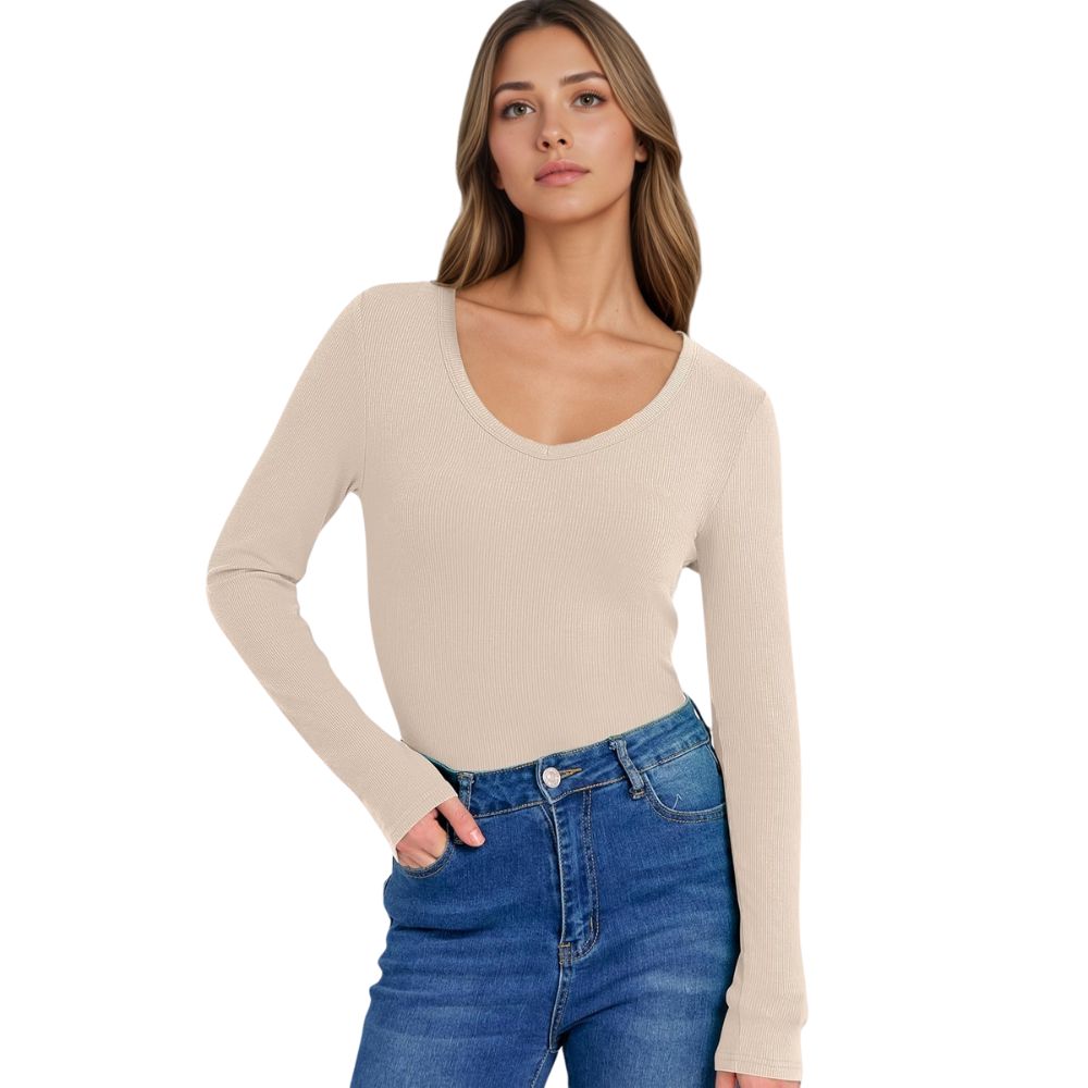 Long Sleeve Shirts for Women V Neck Ribbed Knit Fitted Fall Basic Tshirts